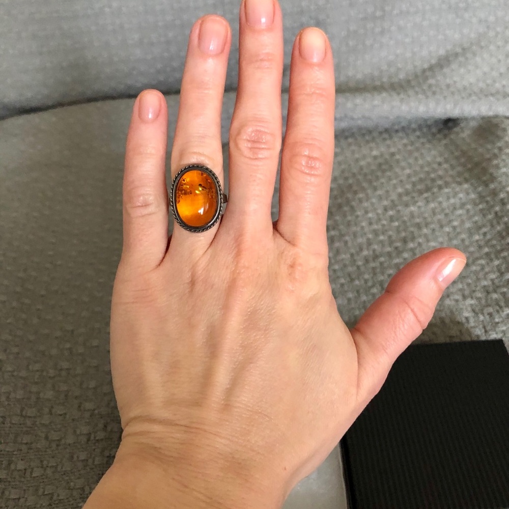 Amber and sterling silver ring